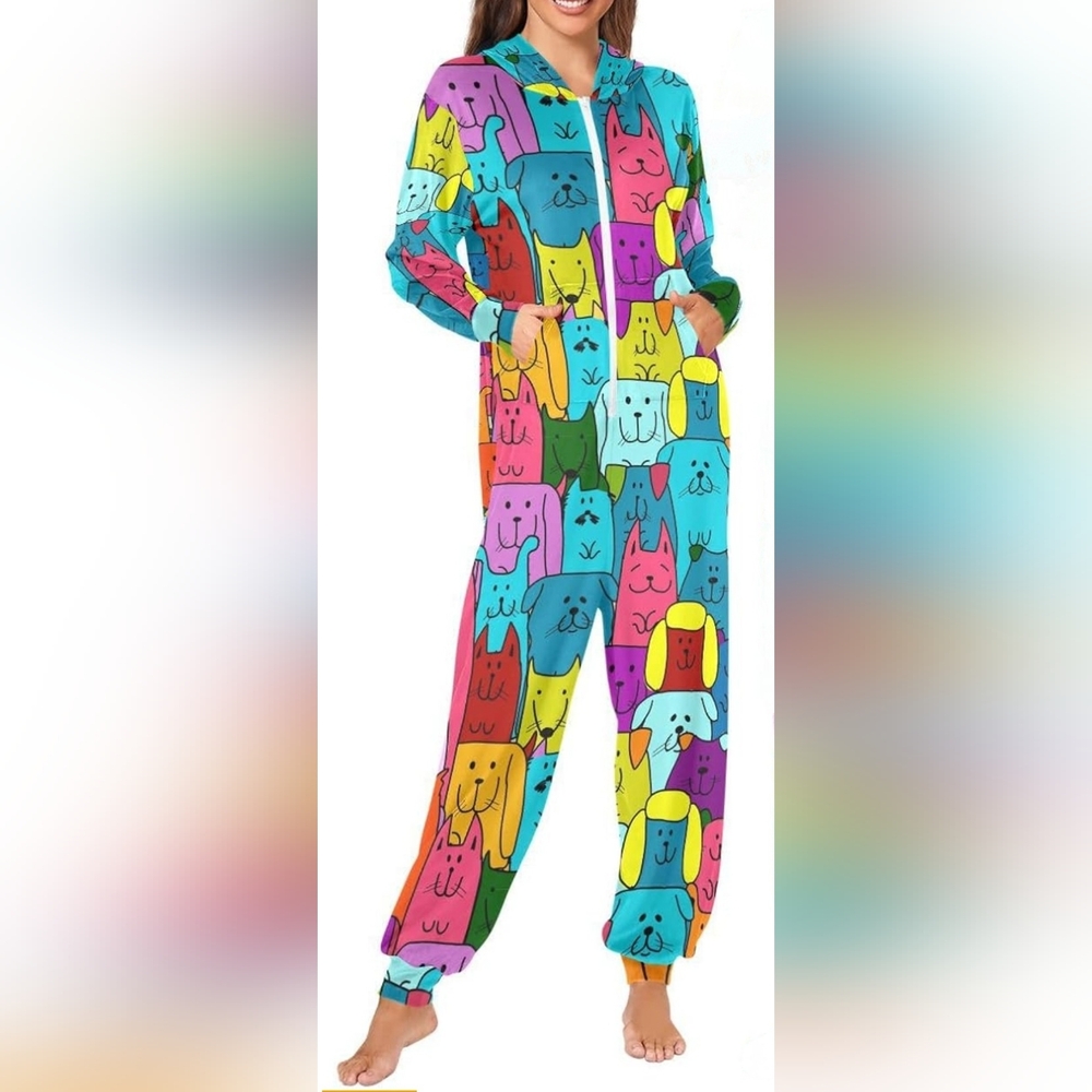 Vibrant Multicolor Cat Print Women's Pajama Onesie